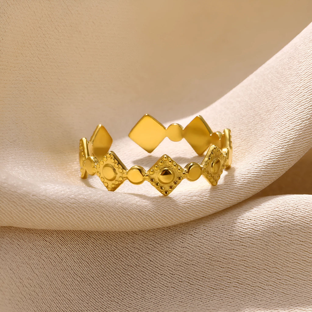 Geometric titanium steel women's ring with gold diamond finish and adjustable band