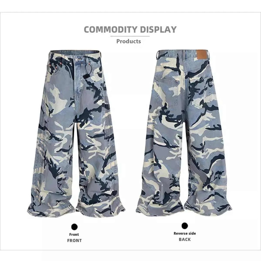 Snow camouflage blue loose-fit jeans with a mid-waist, shown flat.