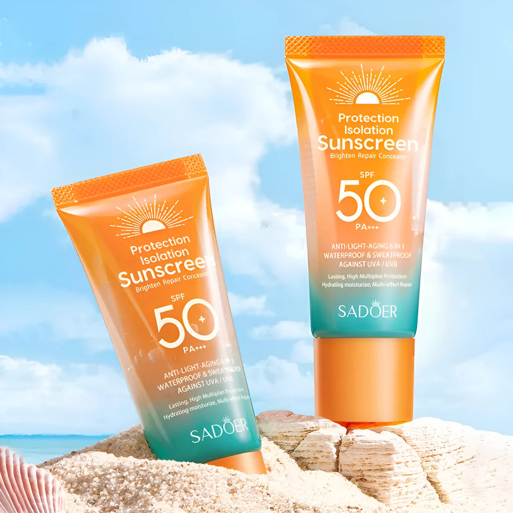 SPF 50+ PA+++ sunscreen cream in 50g tube serving as both sun protection and makeup primer
