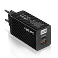 65W gallium nitride fast charger in black or white with compact rectangular design and USB-PD port