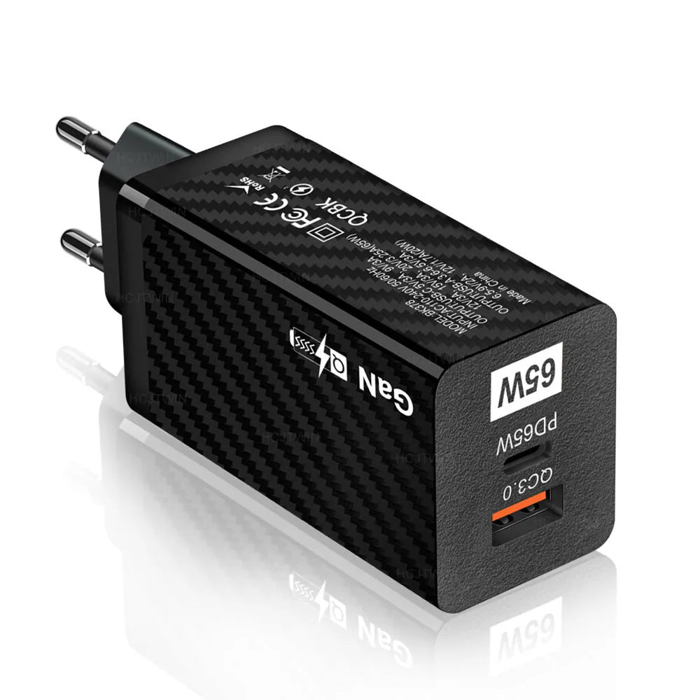 65W gallium nitride fast charger in black or white with compact rectangular design and USB-PD port