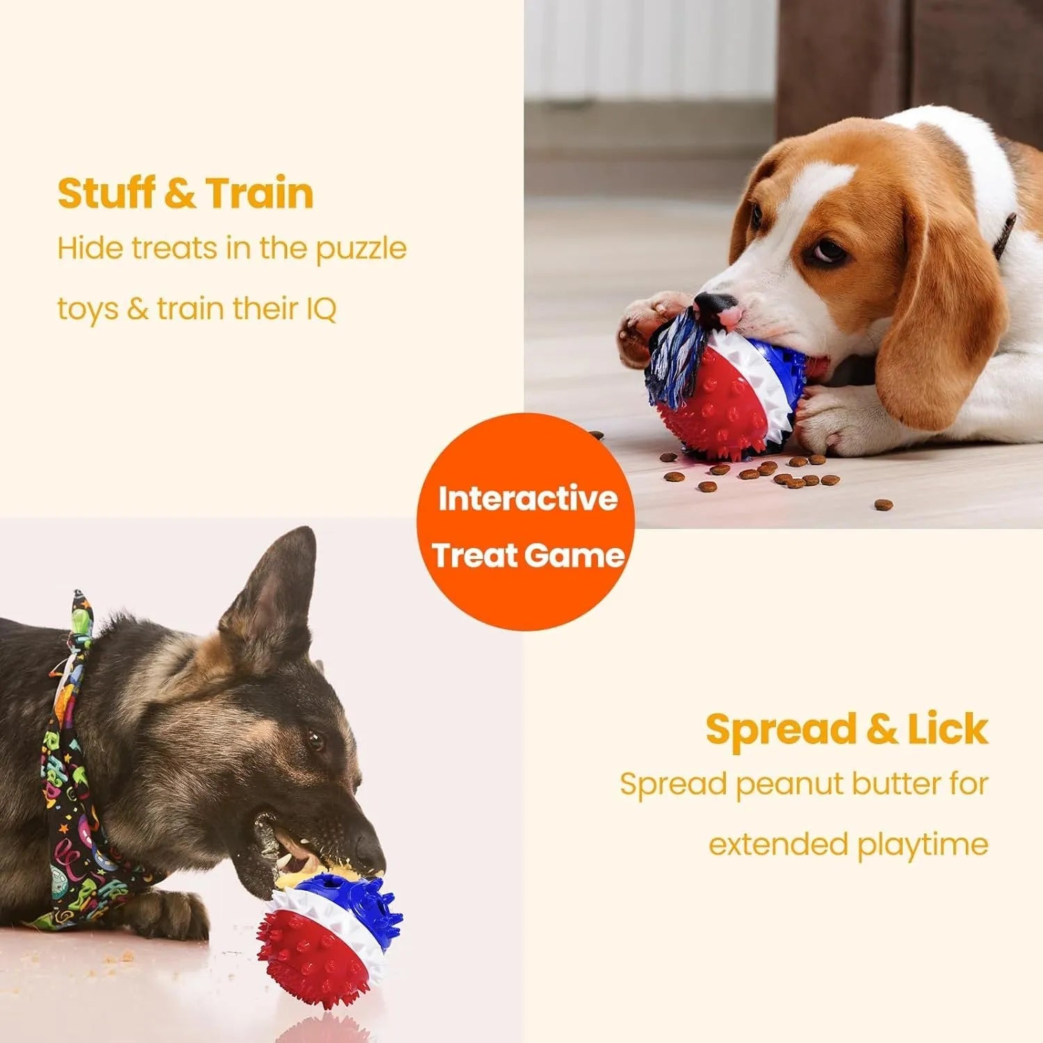 Blue and red squeaky dog chew toy with treat dispenser hole, shown next to a dog.