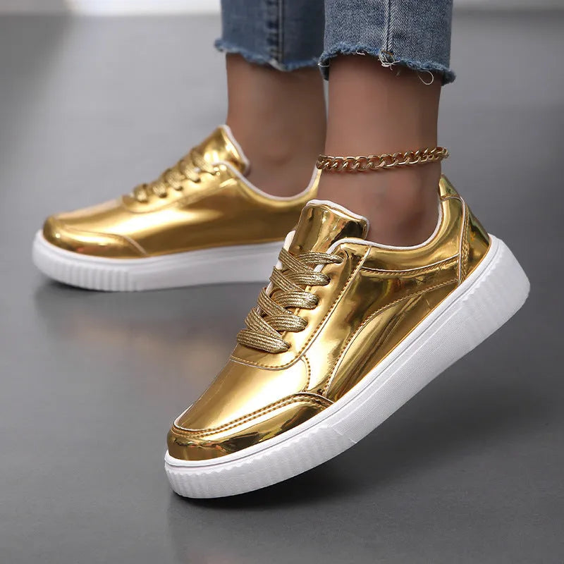 Rose gold sequin platform sneakers with round toe and 3-5cm wedge heel