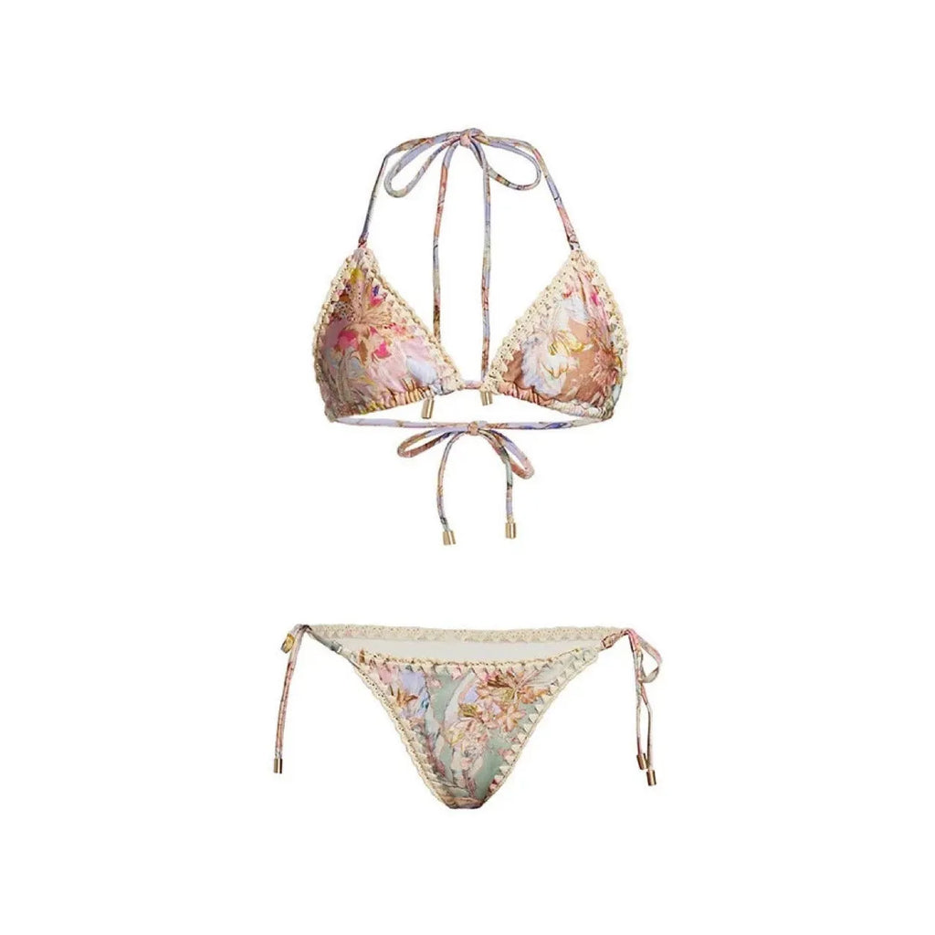 Women's creamy-white floral bikini suit with top, underwear, and matching skirt
