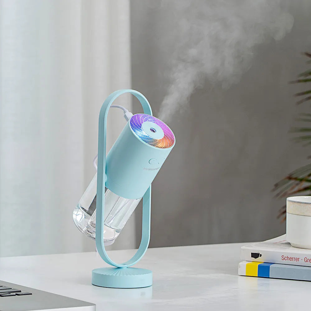200ml portable USB humidifier with colourful light showing pink, dark blue, sky blue, and white colour options