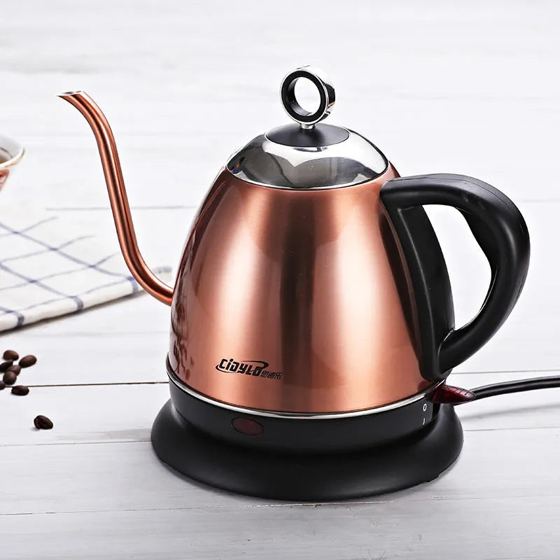 Gold full-automatic stainless steel electric kettle with touch controls and 1 litre capacity.