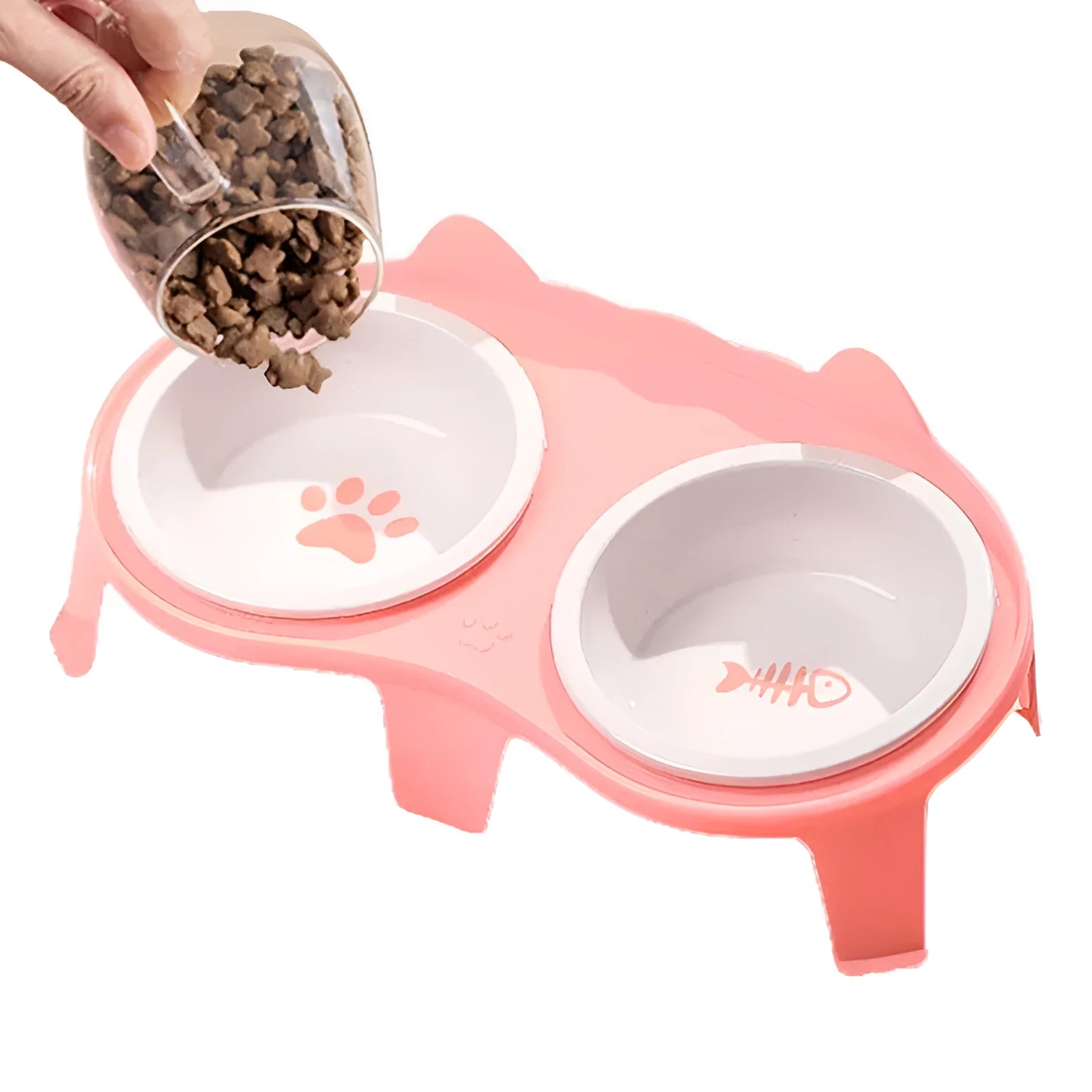 Ceramic cat food and water bowl set on elevated stand with storage hook in blue colour