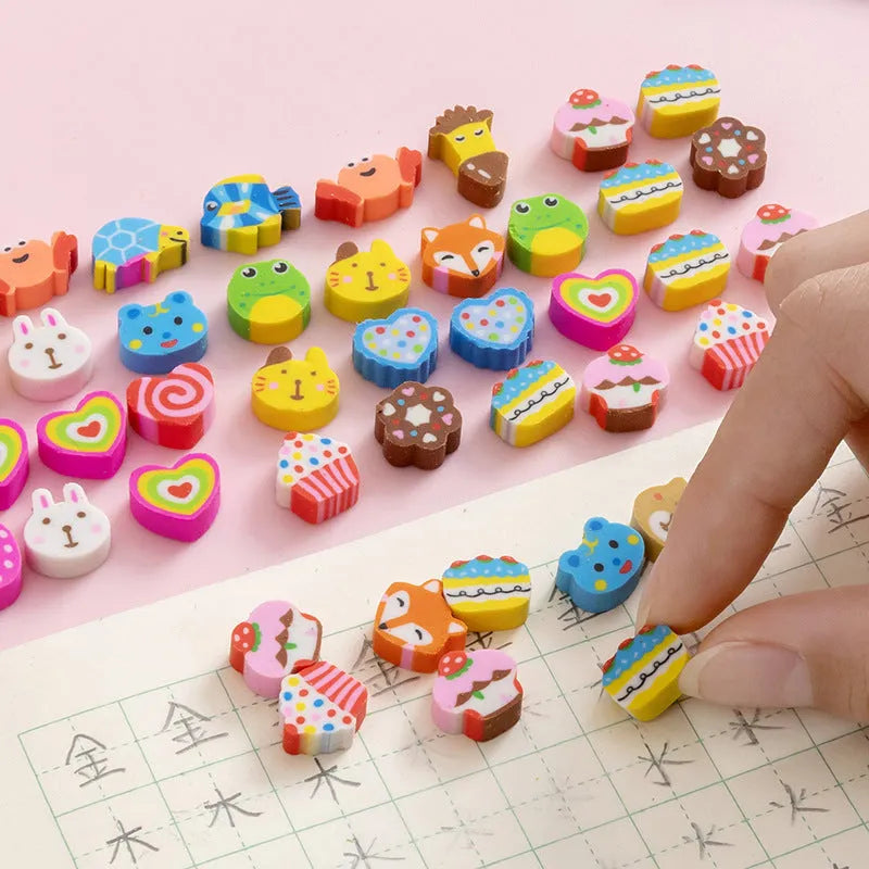 Pearlescent bag with 50 colourful TPR cartoon mini erasers, 1-1.5cm, showing fruit, animal, and themed shapes.