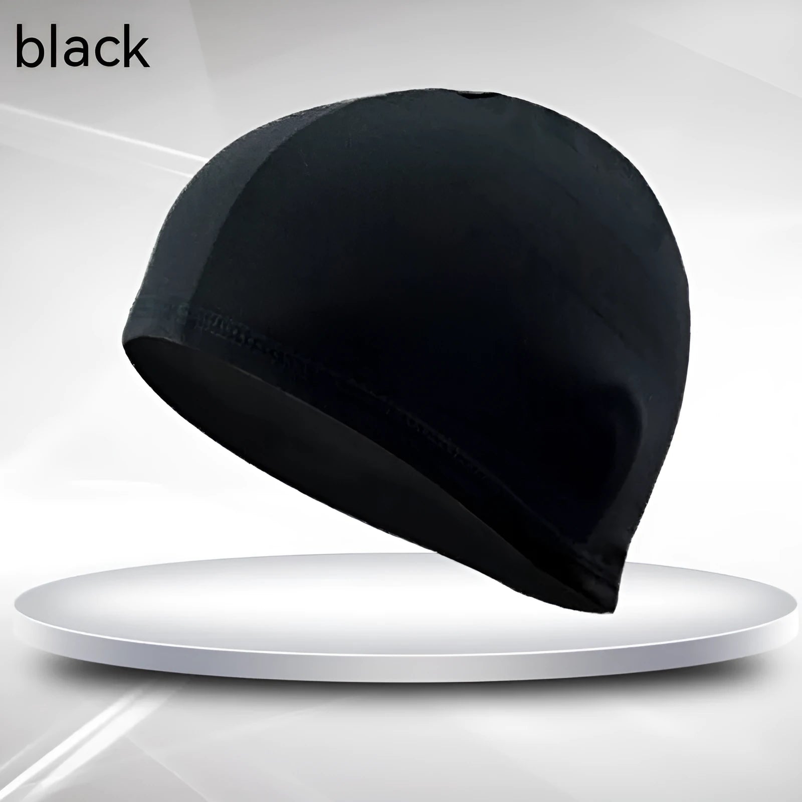 Black single line polyester cloth swim cap for adult swimming