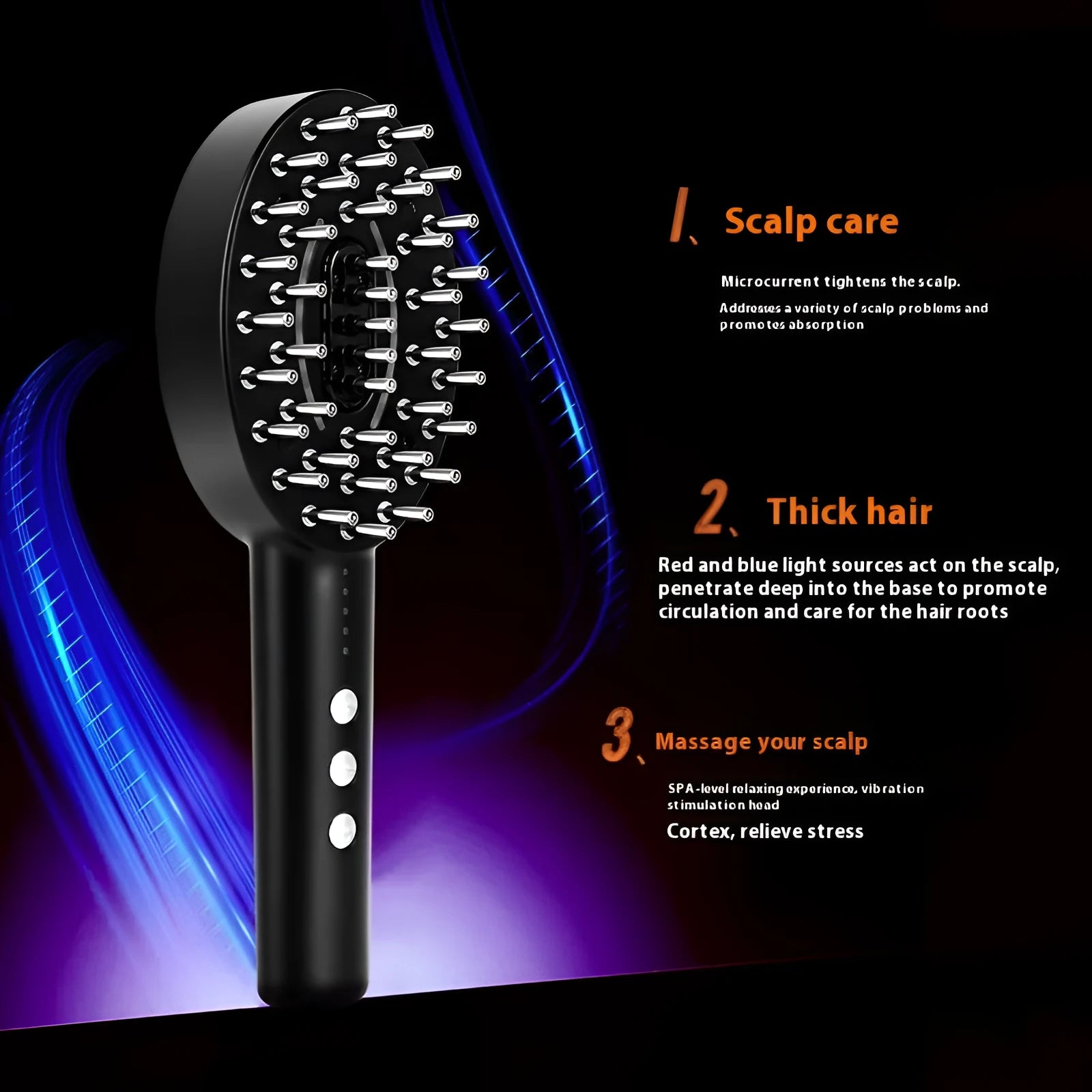 KD3802 black coloured scalp vibration massage device with host unit and charging cable