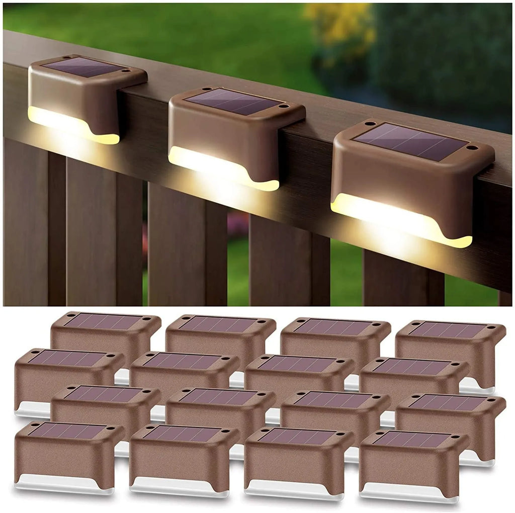 Outdoor solar LED guide light in brown for garden stairs and deck steps, warm light, pack of 4