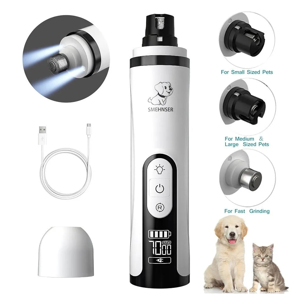 White and grey electric dog nail grinder with LED lights on a blue background