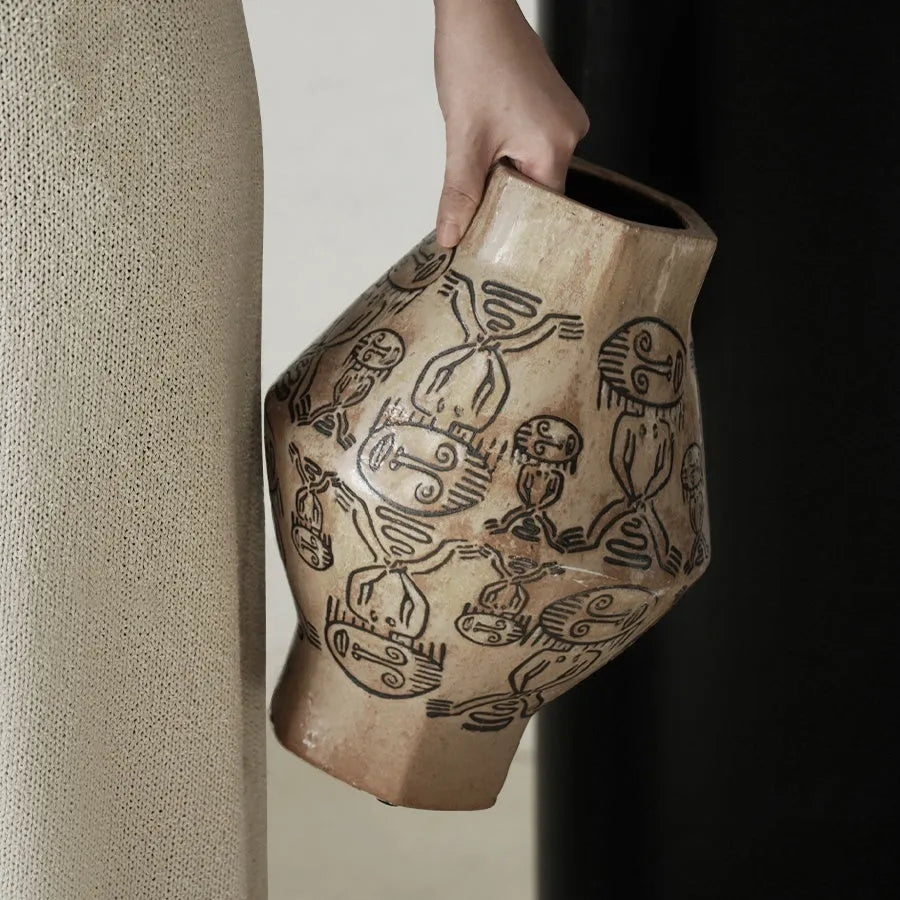 Hand-painted ceramic cylindrical vase with vintage carved art design in tribal totem flower colours