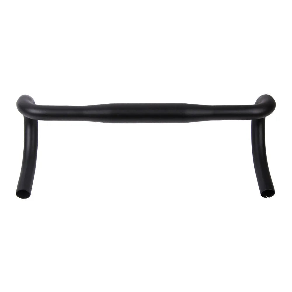Black aluminium alloy road bike bent handlebar shown with four width size options: 380mm, 400mm, 420mm, and 440mm.