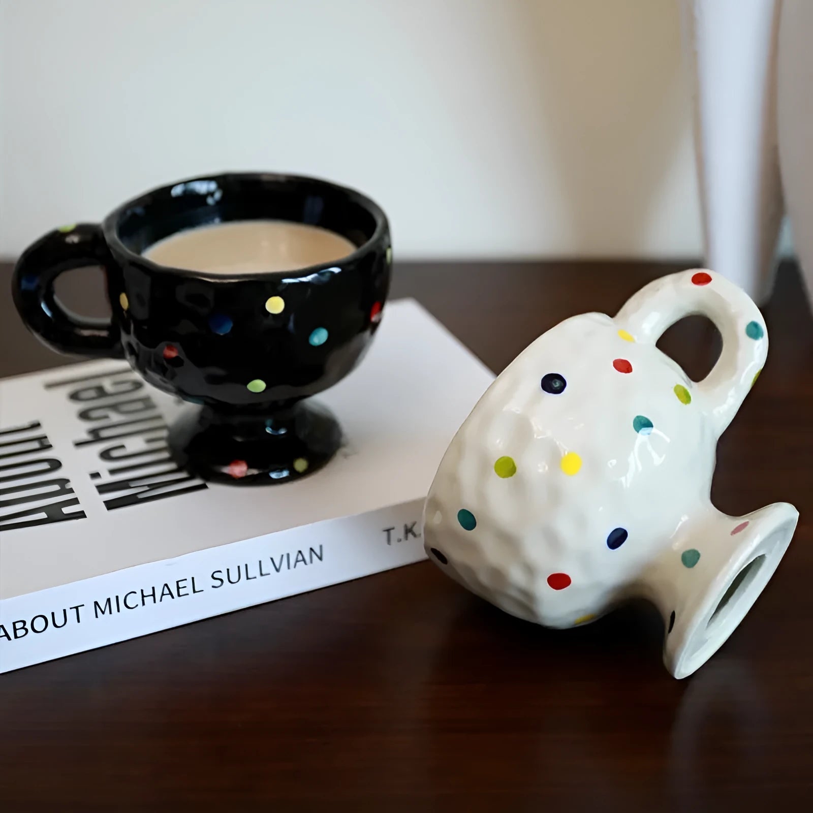 Hand-pinched irregular ceramic mug in solid colour with modern design and 14.5cm height
