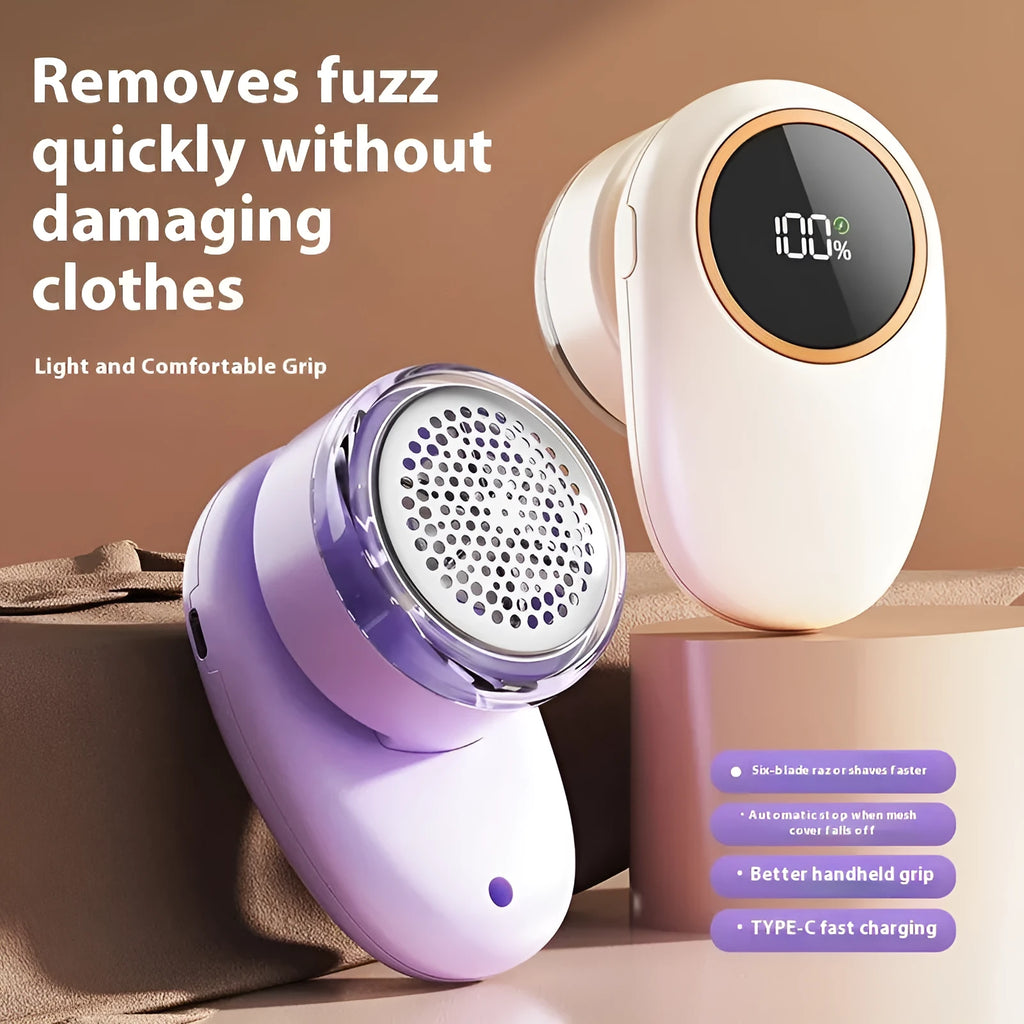 Beige and purple digital fur ball trimmer lint removers with stainless steel cutter heads on a USB cable.