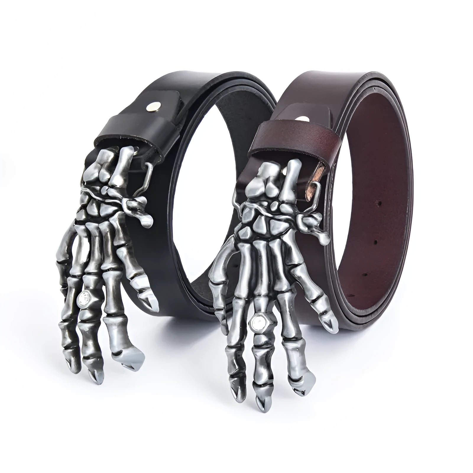 Men's genuine leather belt with skull claw alloy buckle, black, available in sizes 90cm to 130cm