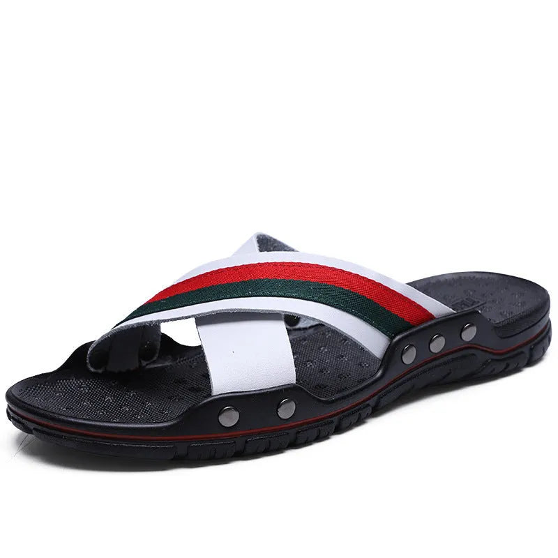Men's leather flip-flop sandals in white, blue, and black on a beach background, showing cowhide upper and PU sole.
