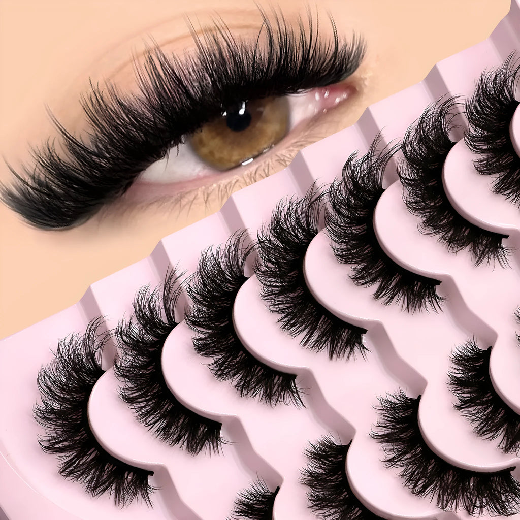 Natural false eyelashes set with adhesive glue in thick long style