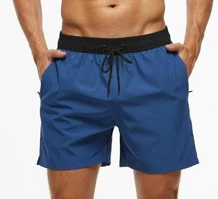 Men's blue stitching waist running shorts with a zippered pocket and drawstring.