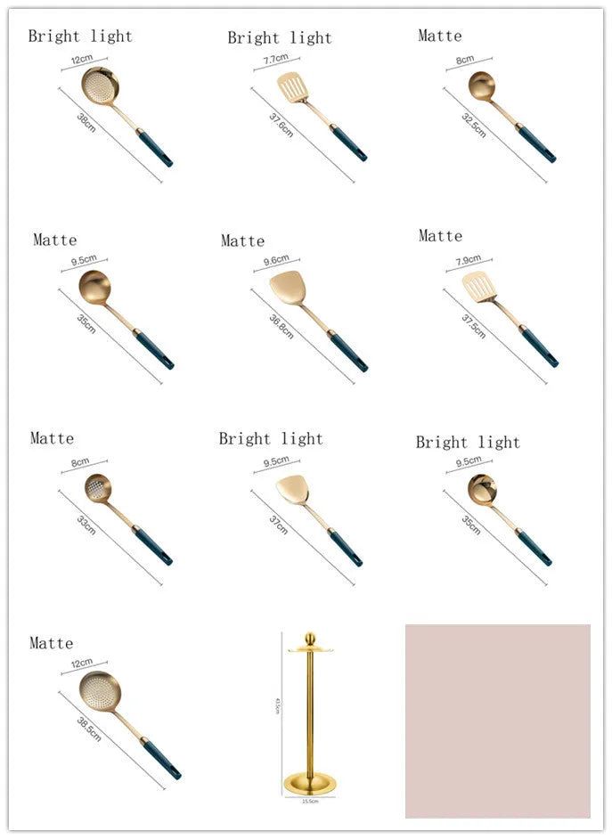 304 stainless steel kitchen utensils set with gold-plated hook frame, mirror polish finish, non-stick design