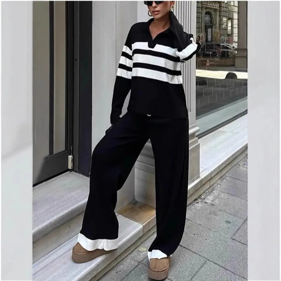 Women's black and white striped knitted polo collar two-piece set with matching trousers