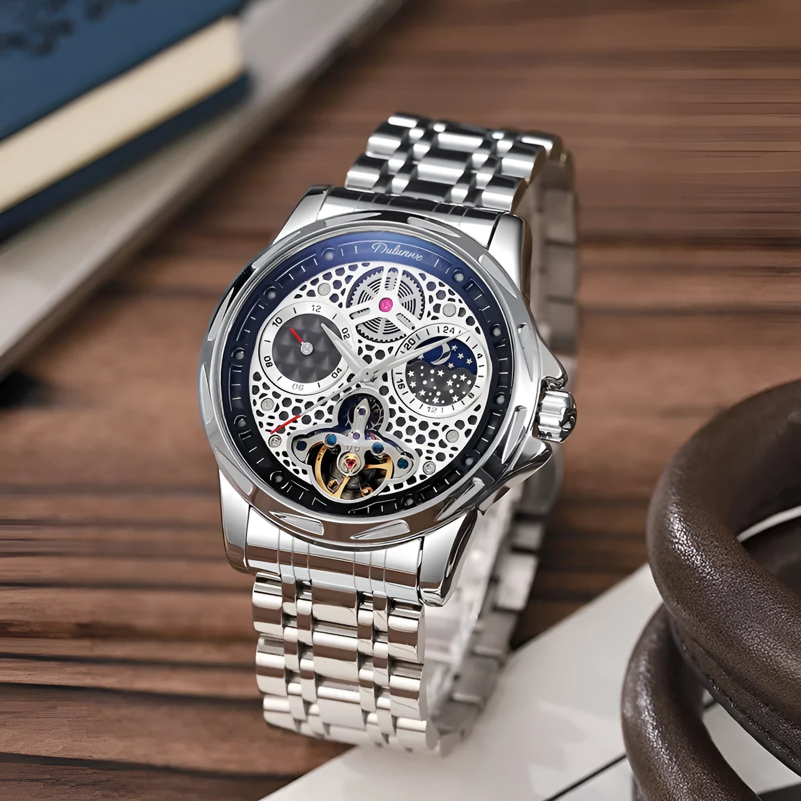Men's automatic watch with luminous hands on steel bracelet, black dial with white markings
