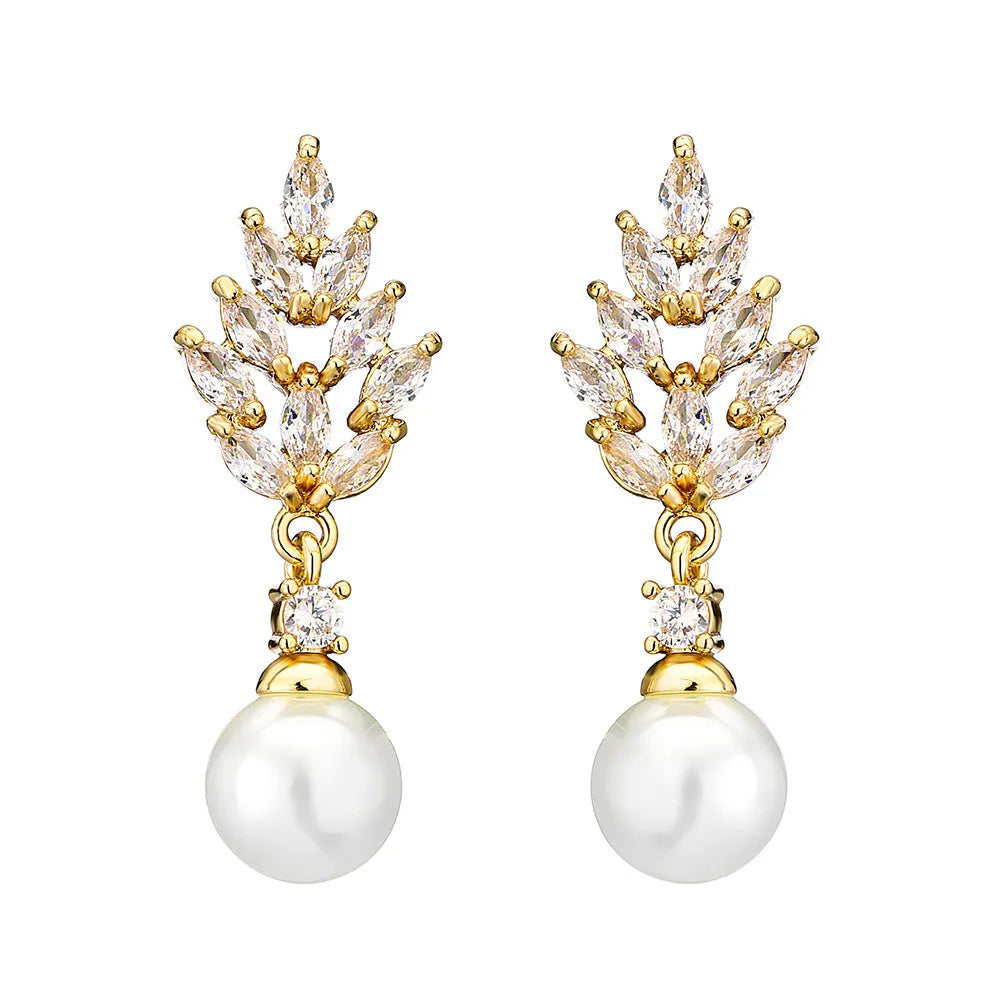 Micro inlaid zircon pearl earrings with geometric floral design in multiple plating colours