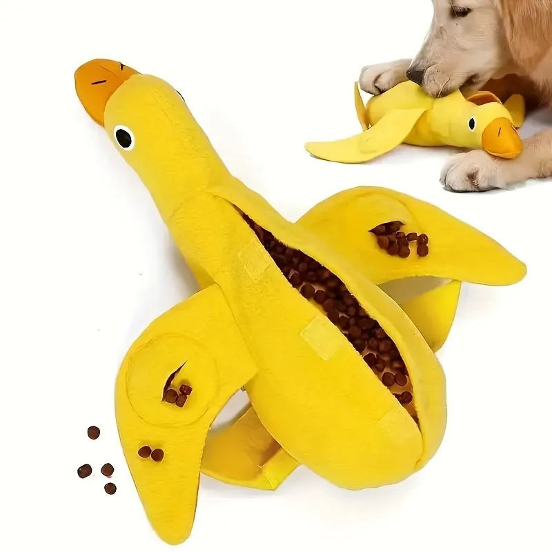 Yellow teddy-shaped rubber dog toy with squeaker duck sound and food leak holes