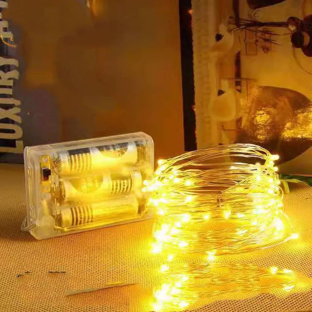 12 metre copper wire battery-operated string lights with 120 LED lamps in multiple colour options