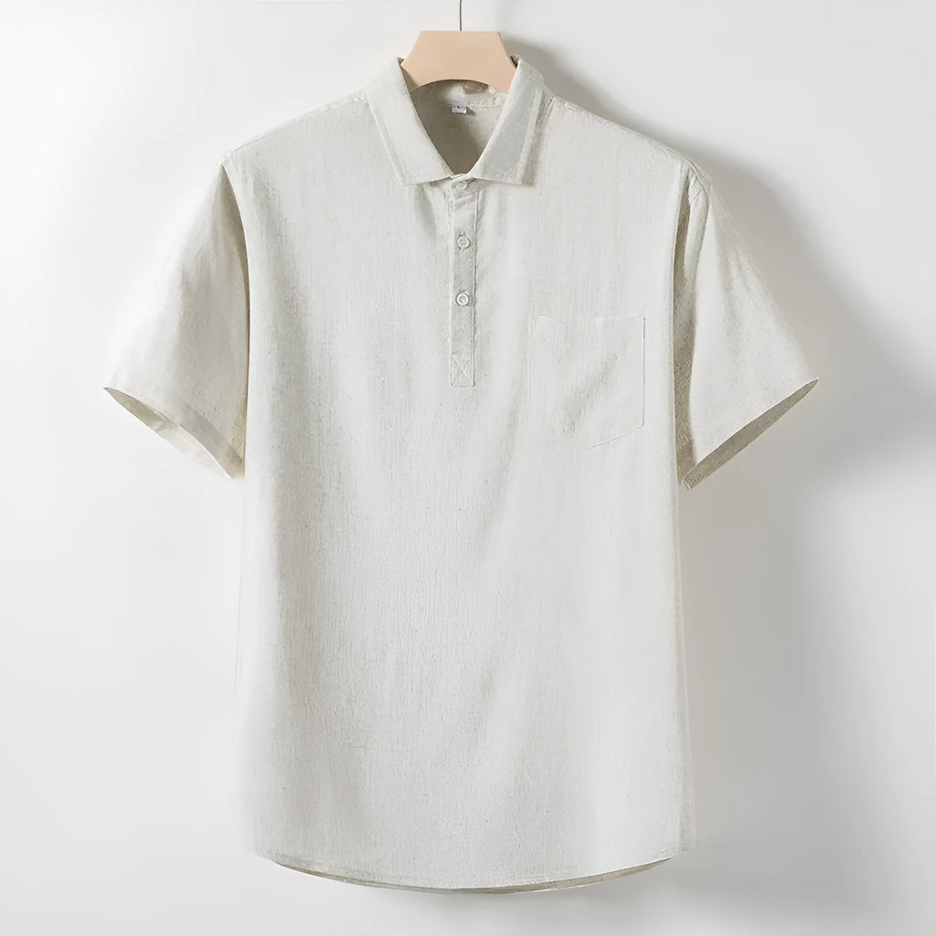 Men's linen blend T-shirt with loose lapels and short sleeves in solid colours