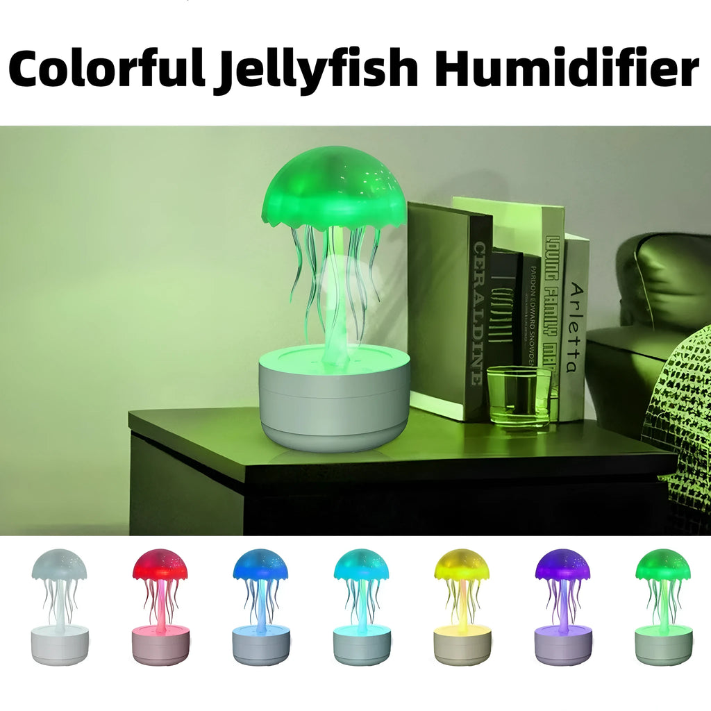 White jellyfish-shaped humidifier and essential oil diffuser with colourful LED night light on desktop