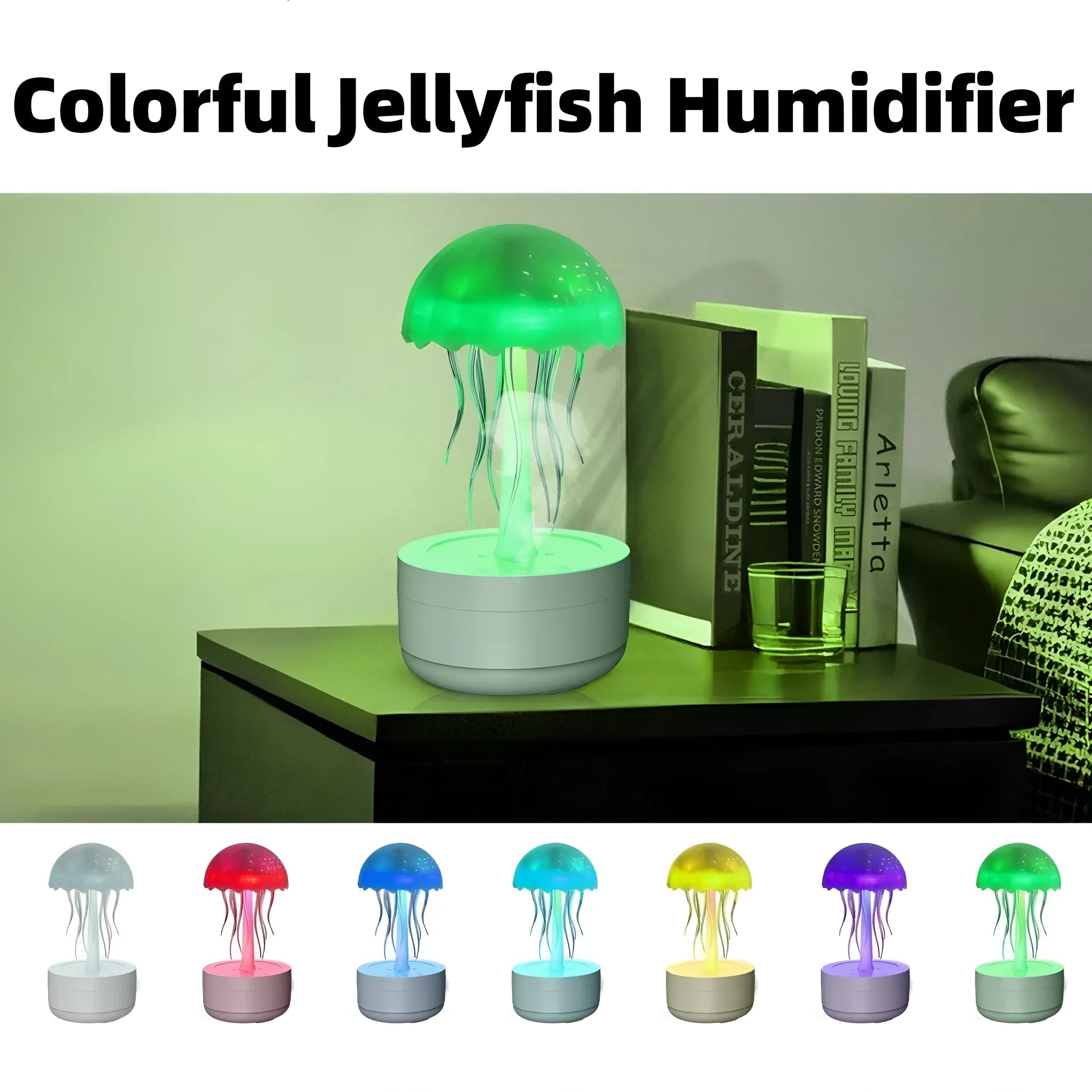 White jellyfish-shaped humidifier and essential oil diffuser with colourful LED night light on desktop