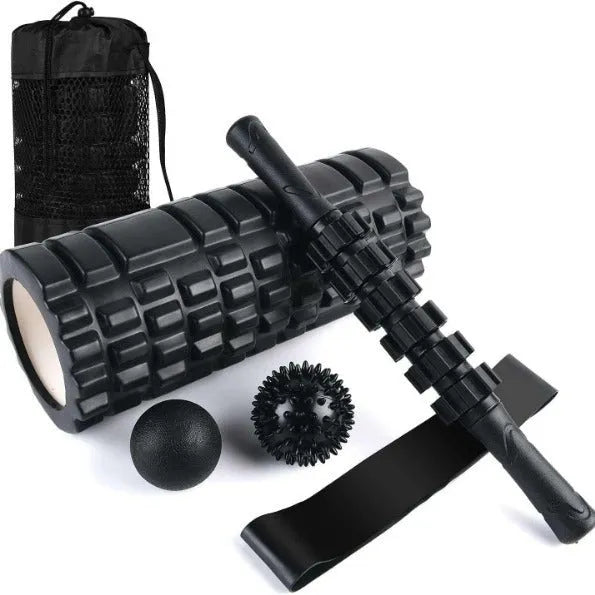 Black six-piece foam roller with gear bar massage design, 33cm length