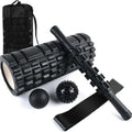 Black six-piece foam roller with gear bar massage design, 33cm length