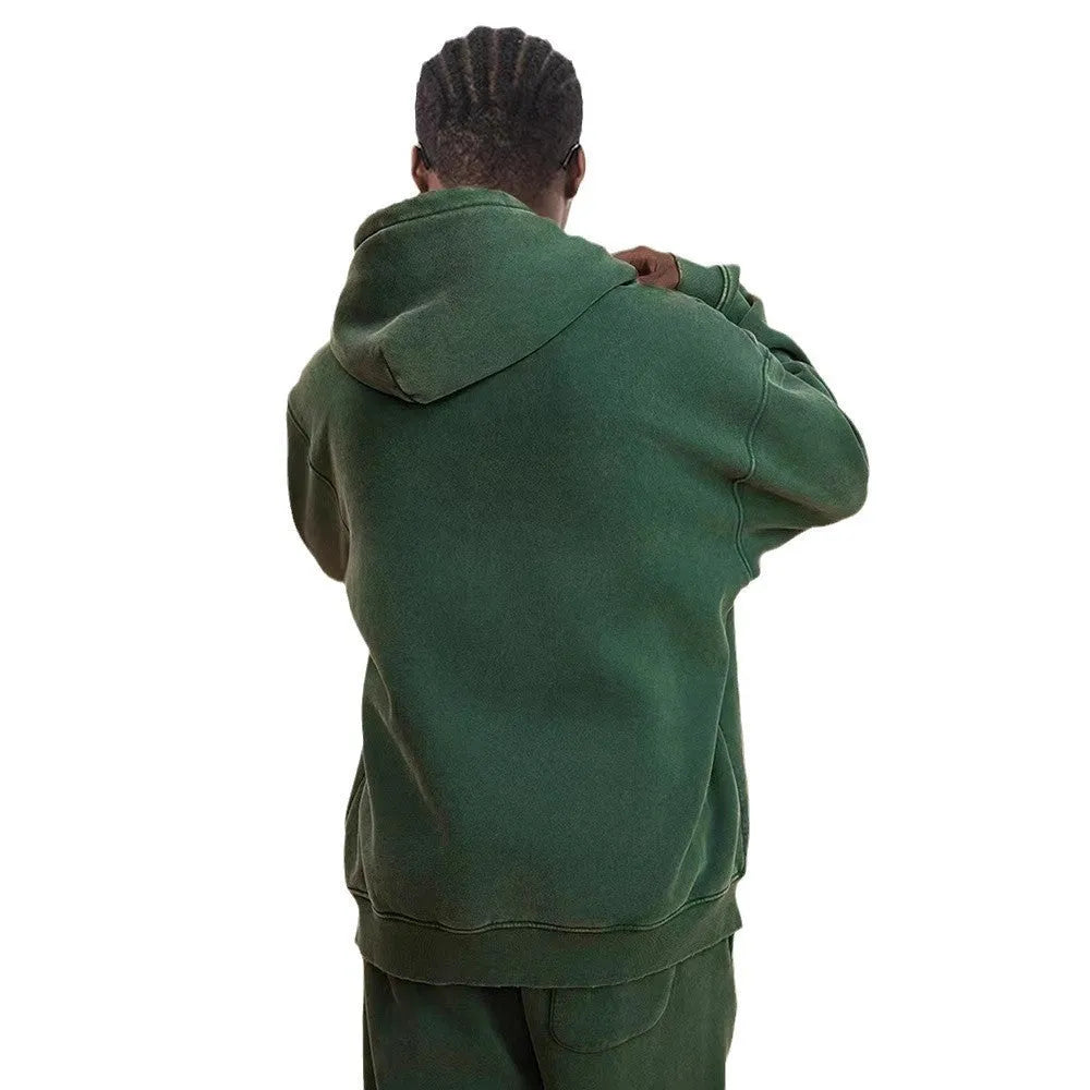 Men's washed hooded cardigan in dark green with fleece lining and double zipper