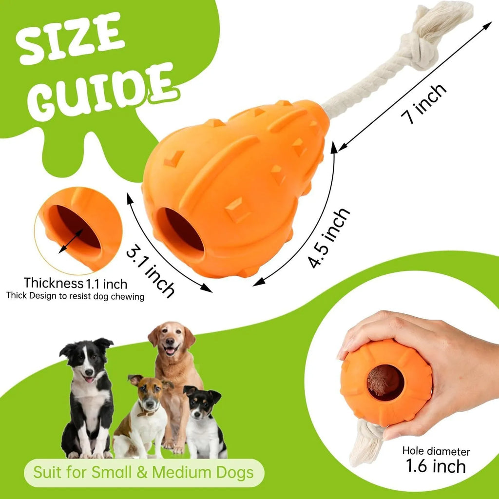 Natural rubber stuffable dog toy with longer strap for interactive fetch and treat dispensing