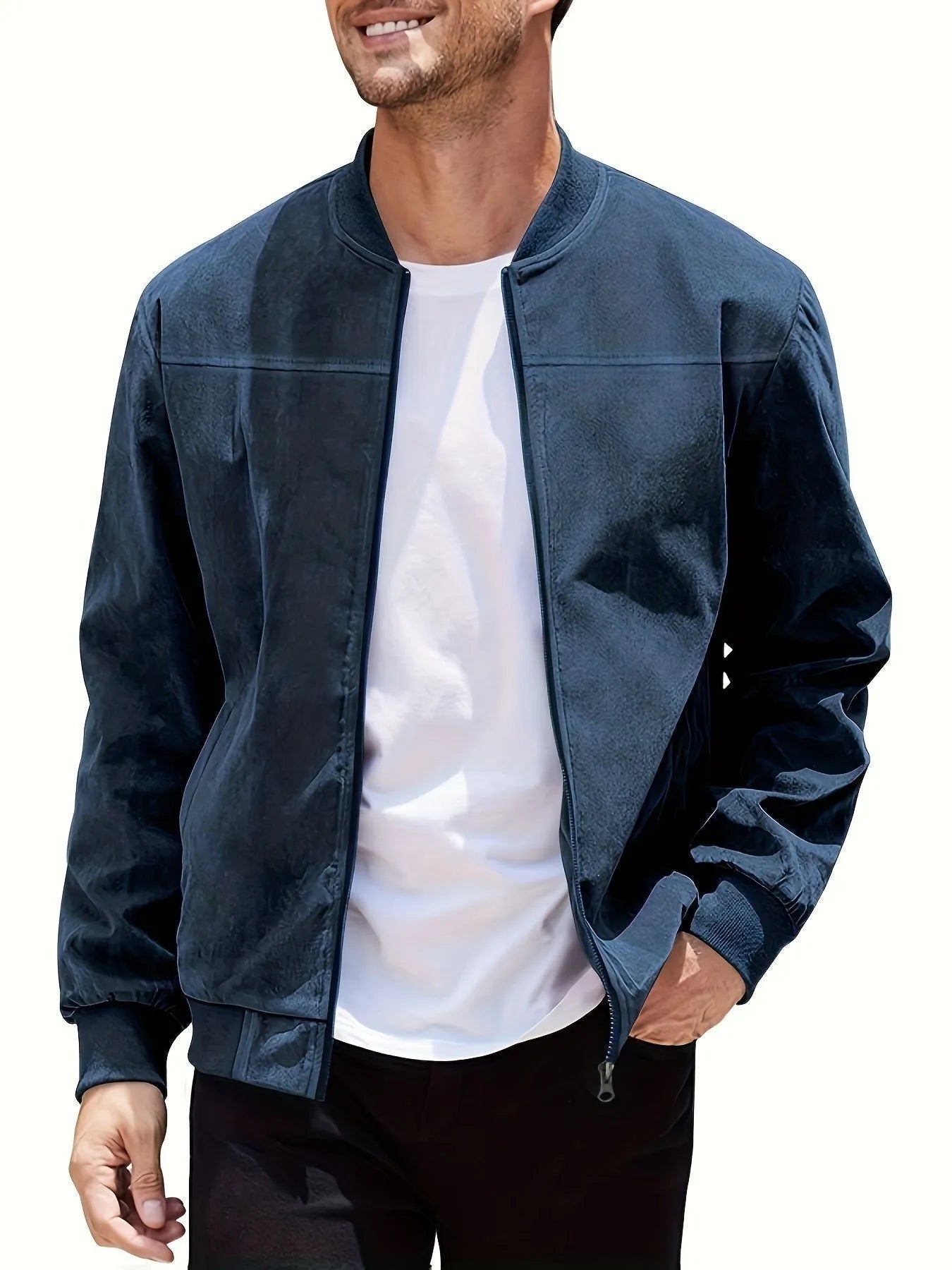 Men's plus size suede texture zip-up casual jacket in army green colour
