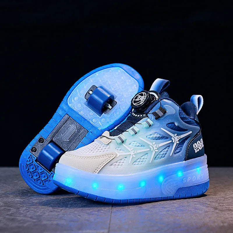 Children's roller skates with flash knob and stripes pattern in blue, black, or pink colours