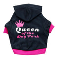 Fleece printed dog clothes in style A on a small dog, with collar opening and four leg holes