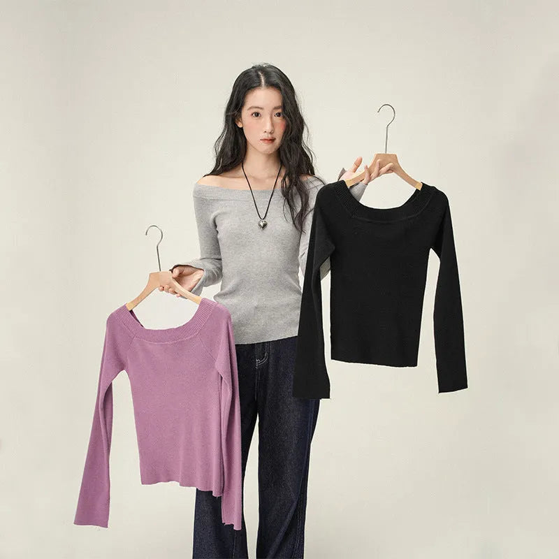 Women's soft knit oblique shoulder pullover sweater slim fit solid colour top in grey