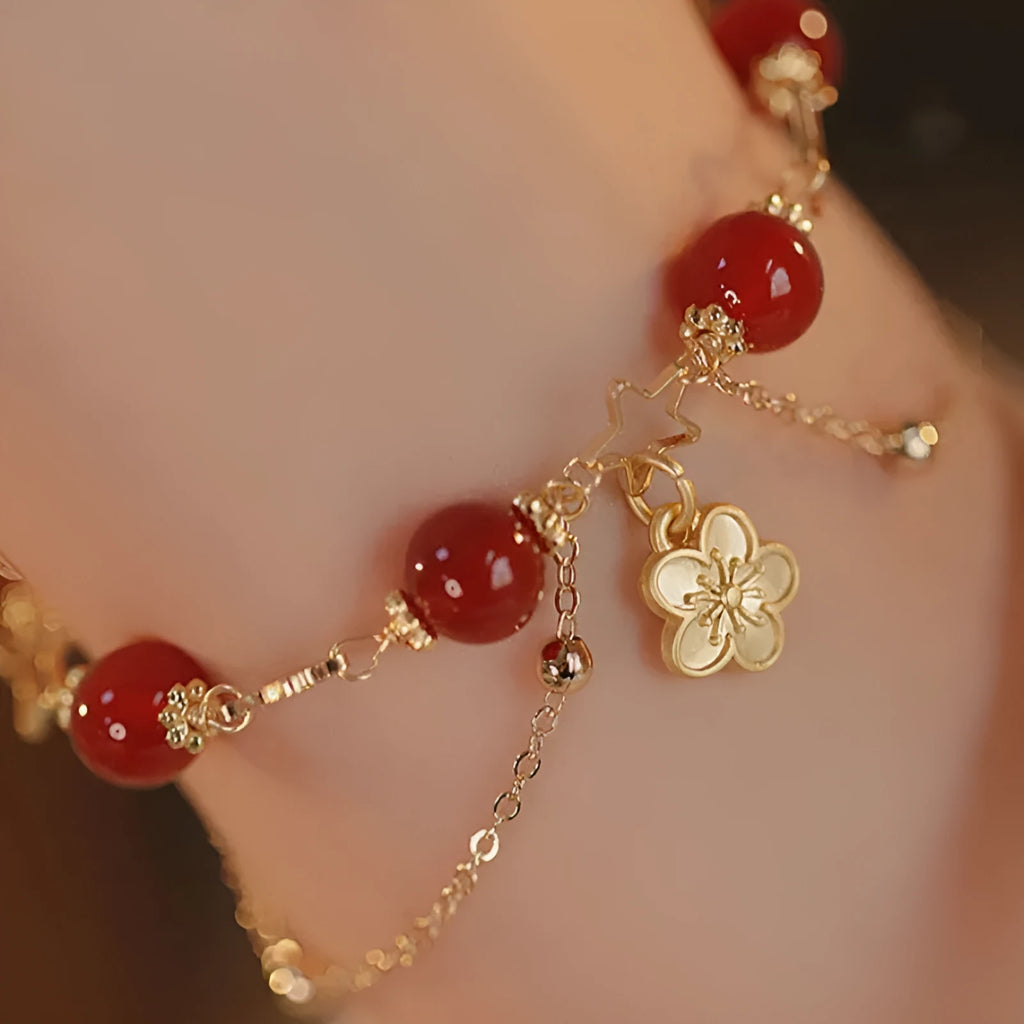Red agate double-layer women's bracelet with carved peach blossom floral patterns