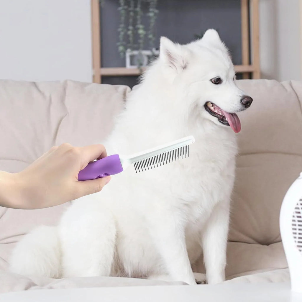 Purple pet grooming comb with stainless steel long and short teeth for detangling dog and cat fur