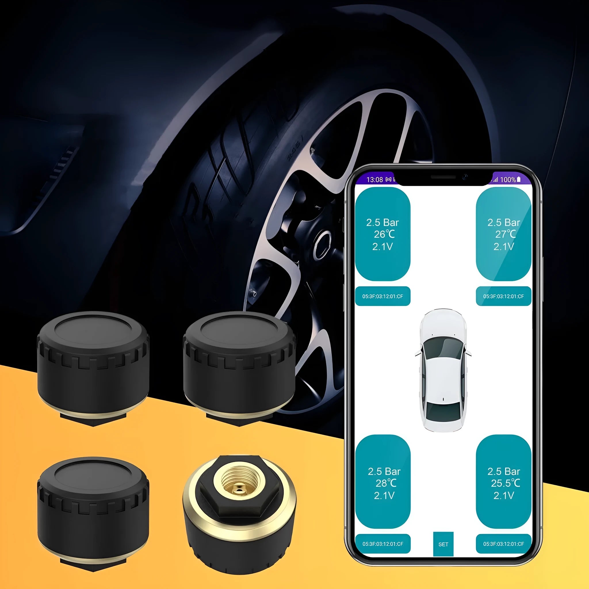 Four black Bluetooth tyre pressure sensor caps for car with mobile phone display