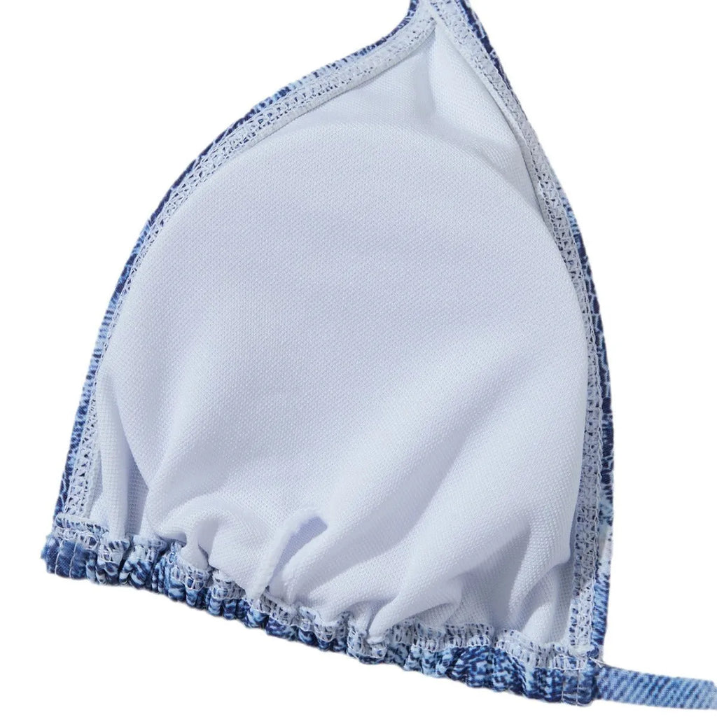 Women's denim blue printed strappy bikini set showing front view of two-piece swimwear