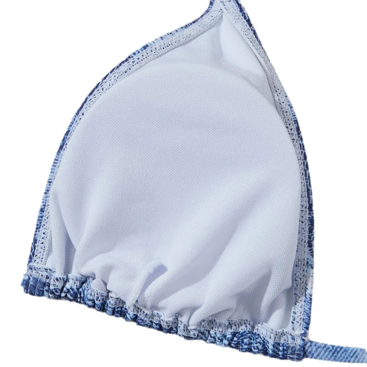 Women's denim blue printed strappy bikini set showing front view of two-piece swimwear