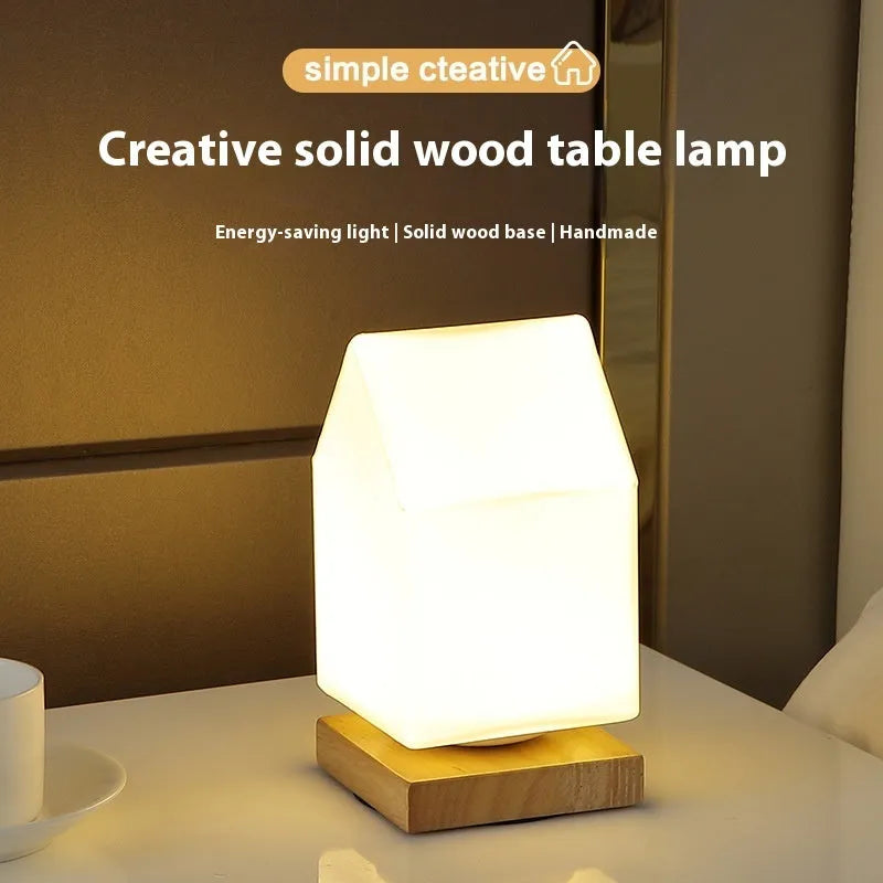 Nordic style solid wood USB table lamp in white, showing touch dimming and one of the geometric shape options.