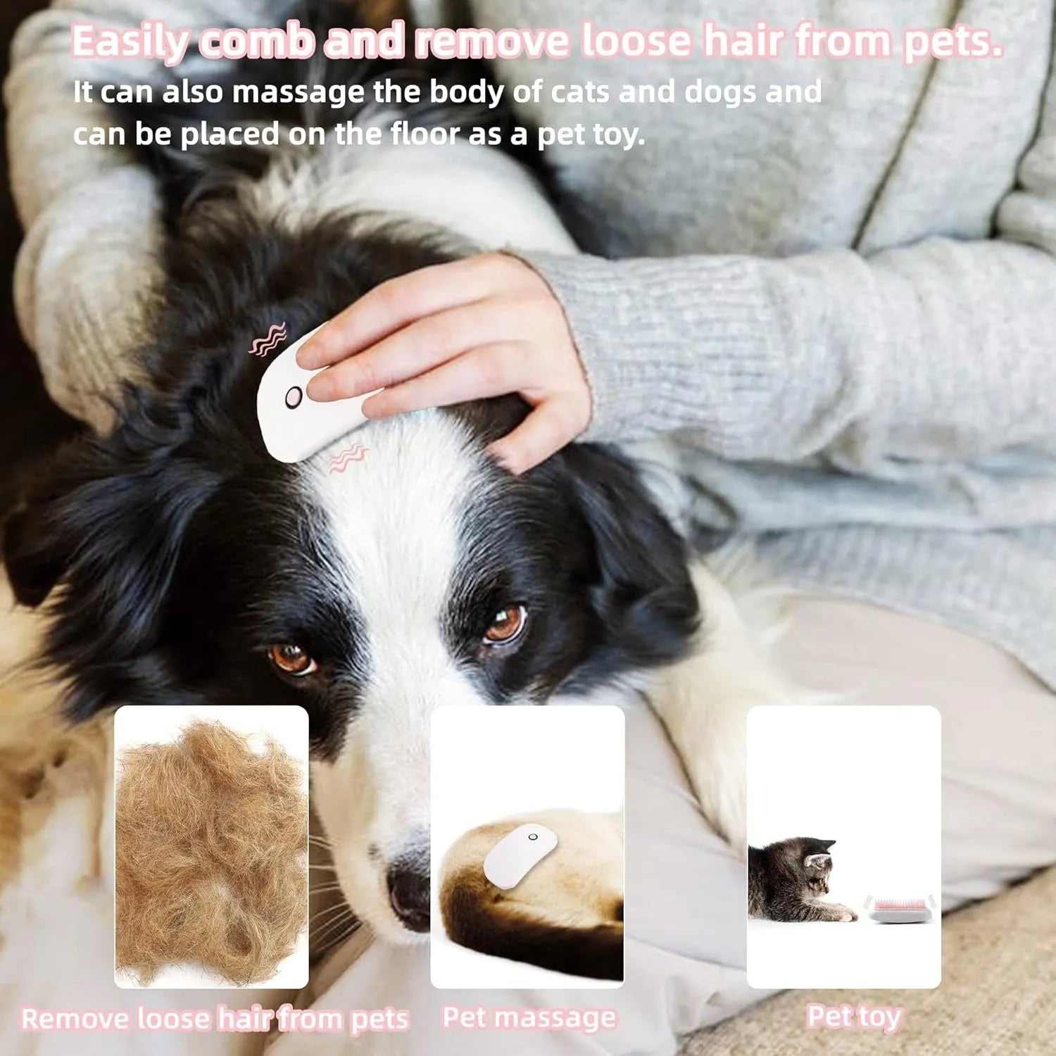 Pink handheld electric pet grooming brush with TPE comb teeth on a white background