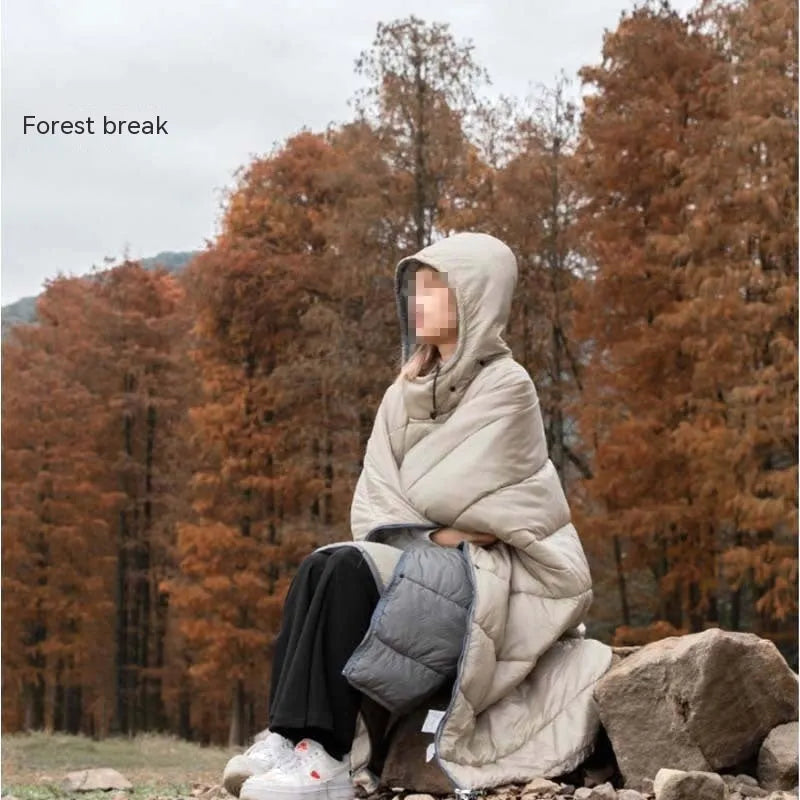 Army Green wearable cloak sleeping bag unfolded showing 200x140cm dimensions and cape design