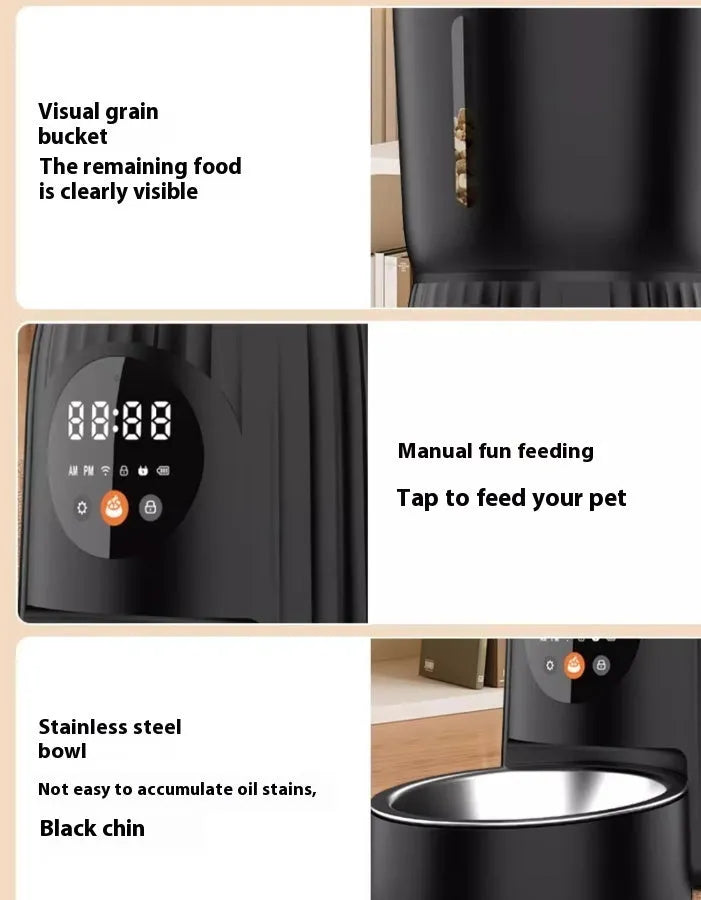 Automatic pet feeder with timer display and food storage compartment in black colour